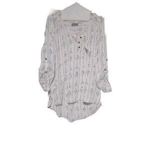 Market & Spruce Womens White‎ Blouse w/Black Southwestern Print, Tab Sleeves M/L